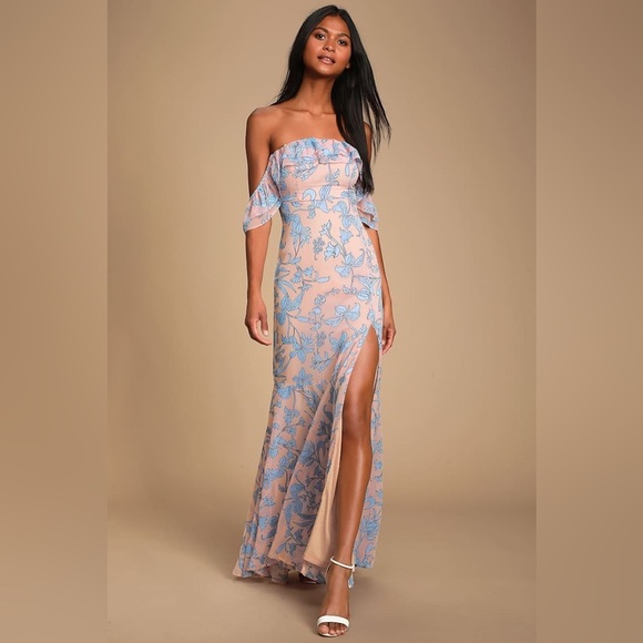 Lulu’s Adelaide Blush Floral Print Off-the-Shoulder Maxi Dress Size XS - Picture 2 of 9